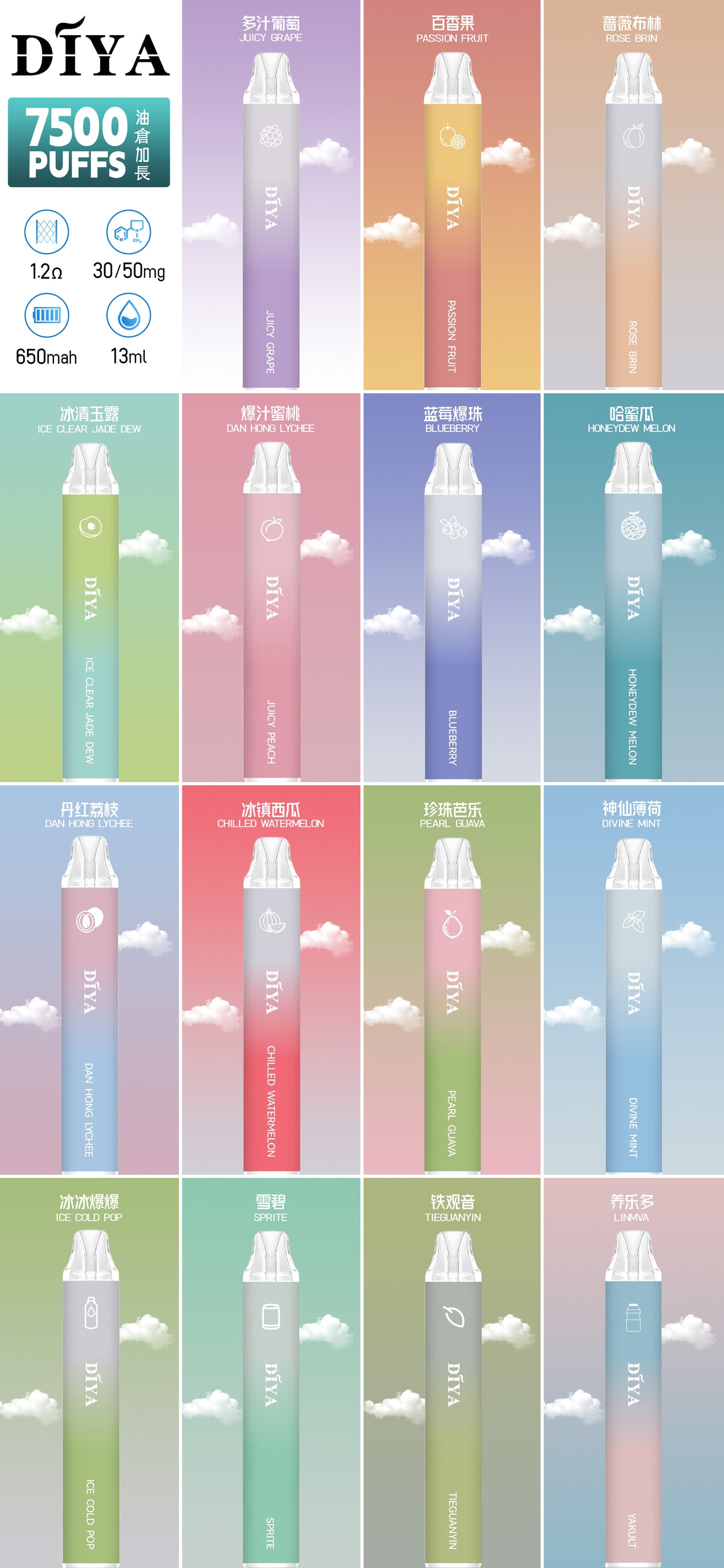 【DIYA叮啞拋棄式】一次性7500口充電霧化桿電子煙｜油倉加長版電子煙30/50mg｜VAKA糖果雲煙館